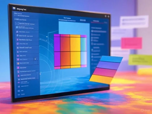 A computer screen displaying a colorful data visualization with sticky notes on the side and a pastel-colored surface below.