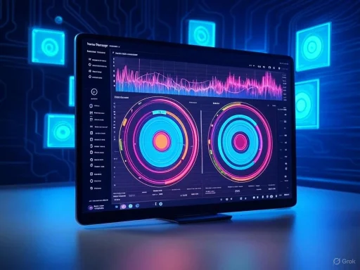 A digital screen displays colorful data visualizations and charts in a futuristic, tech-themed environment.