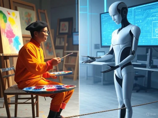 A person painting in an art studio faces a humanoid robot in a high-tech control room. A person painting in an art studio faces a humanoid robot in a high-tech control room.