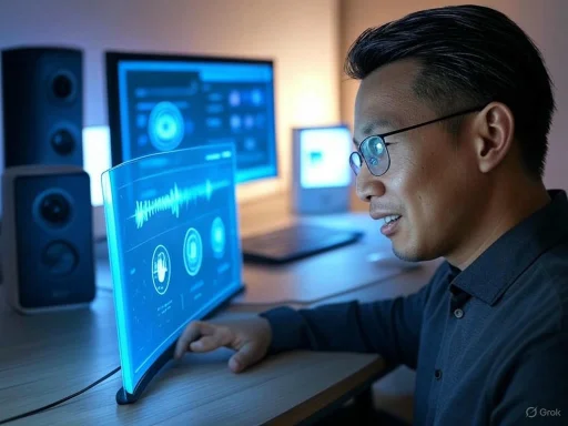 A person working at a computer with transparent screen displaying audio waveform and icons, in a modern tech workspace.