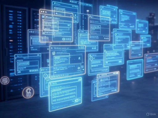 Futuristic digital interface displaying multiple overlapping holographic chat or data windows in a dark environment. Futuristic digital interface displaying multiple overlapping holographic chat or data windows in a dark environment.