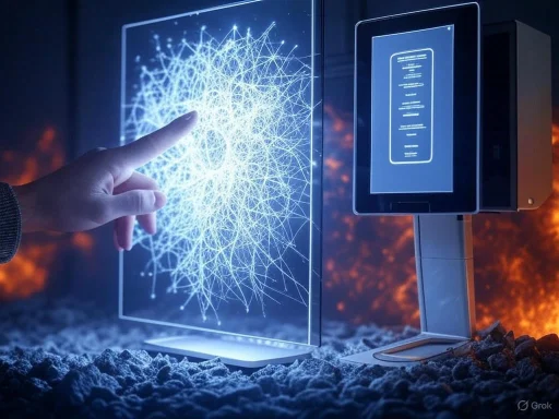A finger interacts with a digital neural network visualization on a transparent screen indoors.