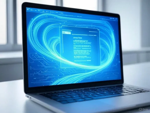 A laptop with a blue digital swirling pattern on the screen, suggesting technology or cybersecurity graphics.