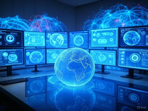 A futuristic control room featuring a holographic globe and multiple digital screens displaying global data.