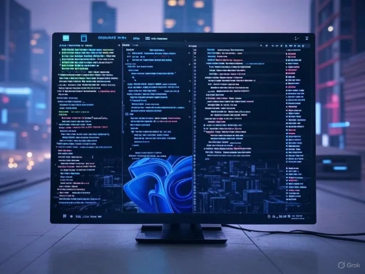 A computer monitor displays code or data in a dark room with a cityscape background.