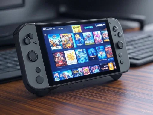 A handheld gaming console displays a selection of video game covers on a desk with a keyboard in the background.