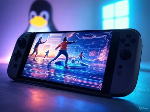 A person is playing a virtual reality game on a smartphone with a digital cityscape and skateboard scene, illuminated by neon lights.