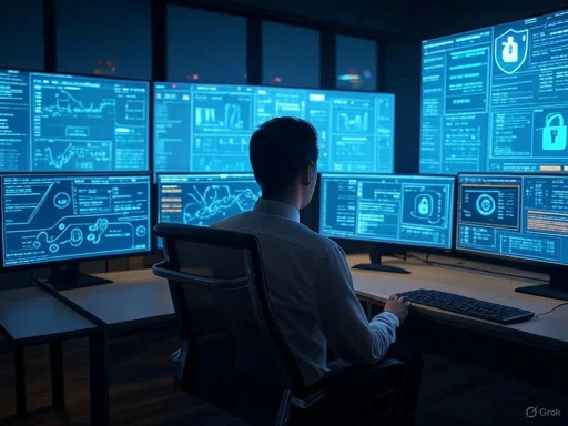 A person monitors multiple digital security and data analysis screens in a high-tech control room.
