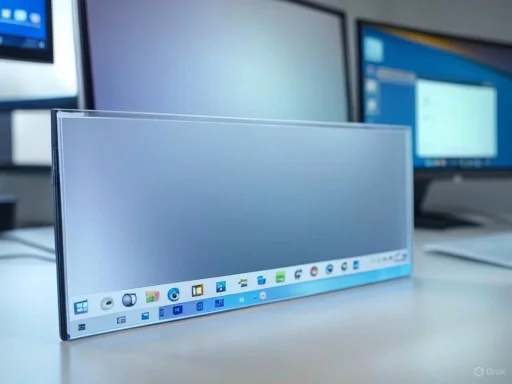 A foldable computer screen displaying a Windows desktop, set on a desk with multiple monitors in the background.