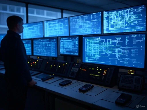 A person monitors multiple large screens displaying complex system or network data in a high-tech control room.