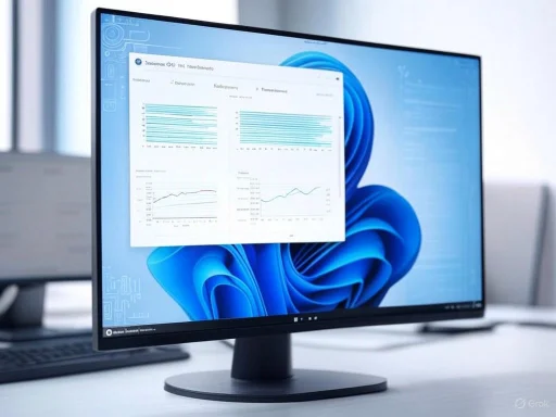 A computer monitor displays graphs and data charts in a modern office setting.