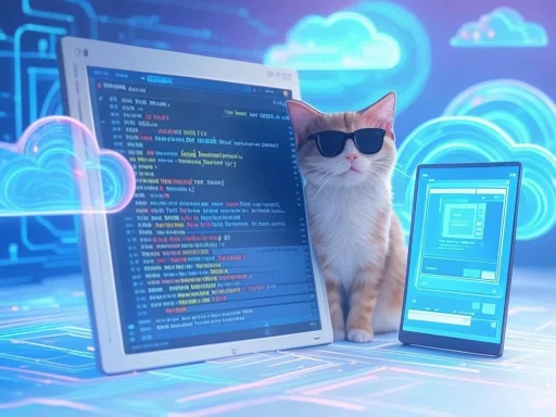 A cat wearing sunglasses is surrounded by digital devices and cloud icons, emphasizing a tech-savvy or cyber theme.