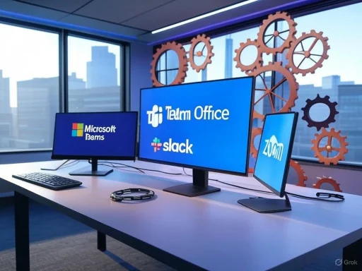A modern office workspace with monitors displaying collaboration apps like Microsoft Teams, Slack, and Zoom.