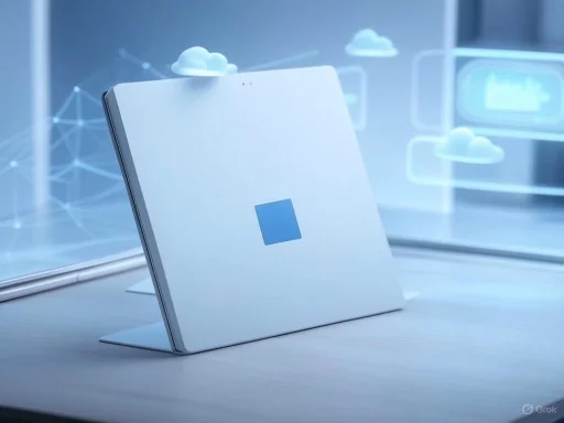 A white device with a blue square logo sits on a desk, surrounded by digital cloud and network graphics.