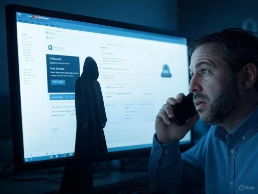 A man on the phone, looking at a computer screen displaying a silhouette of a figure with a hood.