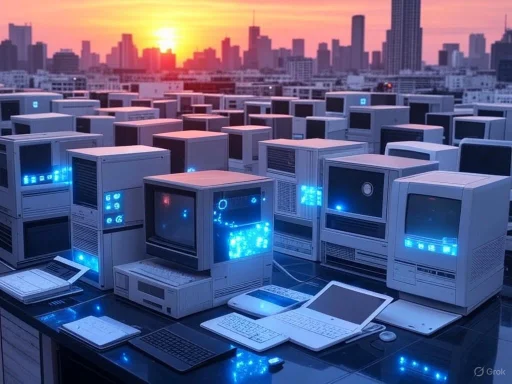 A rooftop filled with vintage computers and monitors glowing with blue lights, overlooking a city skyline at sunset. A rooftop filled with vintage computers and monitors glowing with blue lights, overlooking a city skyline at sunset.