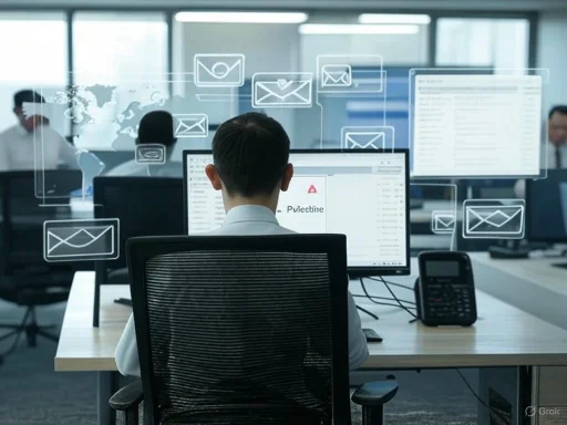 A person working at a computer surrounded by floating digital mail and email icons in an office setting.