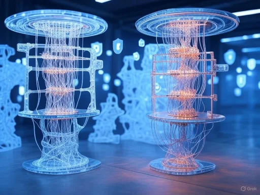 Futuristic art installations resembling glowing, wireframe chess rooks in a high-tech, digital environment.