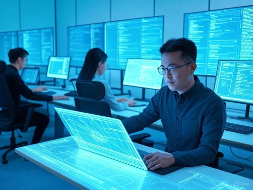 A team of programmers working on multiple computer screens in a high-tech, digital command center.