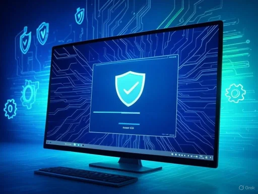 A computer monitor displays a shield icon with a check mark, symbolizing cybersecurity or data protection.