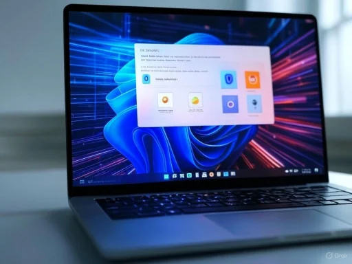 A laptop displaying a colorful, futuristic background with a white overlay of app icons and options on the screen.