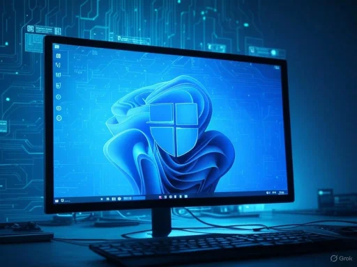 A computer monitor displays a Windows logo with digital blue graphics and circuit patterns in the background. A computer monitor displays a Windows logo with digital blue graphics and circuit patterns in the background.
