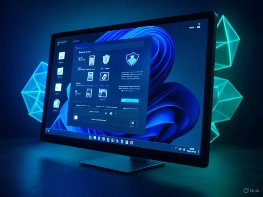 A computer monitor displays cybersecurity software with illuminated geometric holograms in the background.