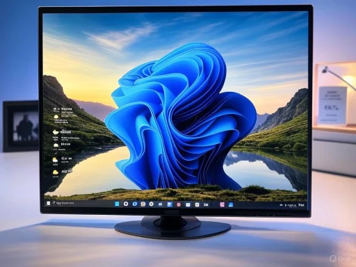 A computer monitor displaying a scenic landscape with a digital abstract blue swirl as the wallpaper.