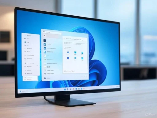 A computer monitor displays the Windows 11 interface with open start menu and applications, placed on a light wooden desk.