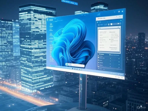 A futuristic cityscape at night with a digital floating display screen showing a Windows interface.
