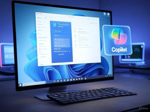 A computer screen displays a login window and the Copilot logo on a Windows 11 desktop.