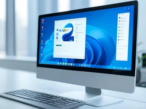 A modern desktop computer setup with a keyboard, mouse, and a colorful blue-themed screen display.