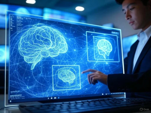 A person analyzes digital brain diagrams on a futuristic touchscreen interface.