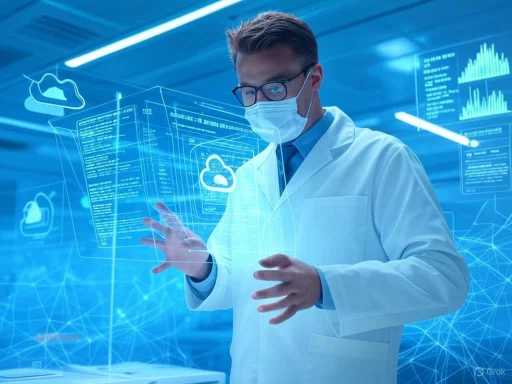 A scientist in a lab interacts with holographic cloud computing data displays while wearing a face mask.