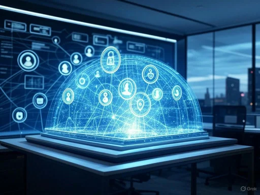 A futuristic digital globe displaying interconnected user and security icons in a modern office setting.