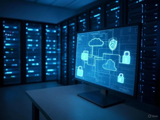 A computer monitor displays cloud security icons in a server room filled with blue-lit data servers.
