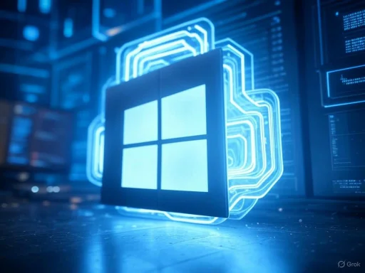 A digital illustration of the Windows logo surrounded by futuristic circuitry and holographic elements.