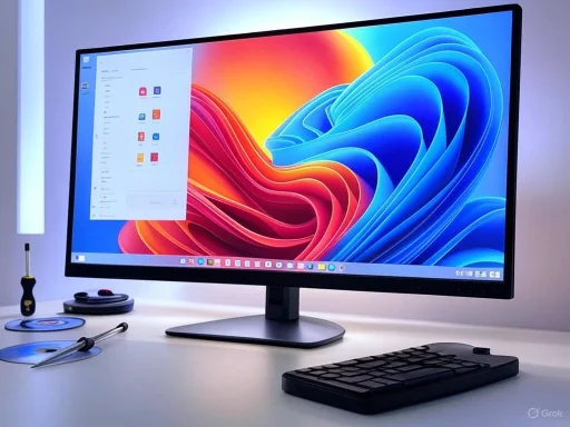 A modern monitor displaying a colorful abstract background, accompanied by a keyboard, screwdriver, tools, and discs on a white desk.