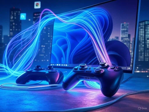 A gaming setup with two controllers, a monitor, and vibrant neon light effects in a city skyline background.