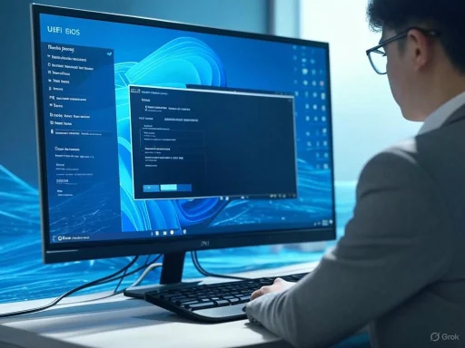A person configures BIOS settings on a computer monitor displaying a blue-themed interface.