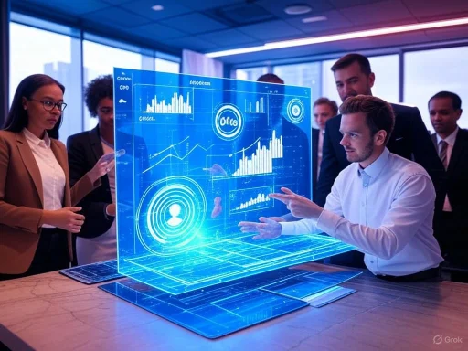 A team analyzes data on a holographic digital interface in a modern office setting.