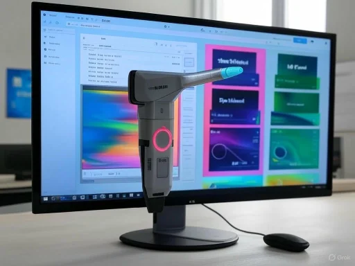 A colorimeter device is positioned in front of a computer monitor displaying design software and colorful image samples.