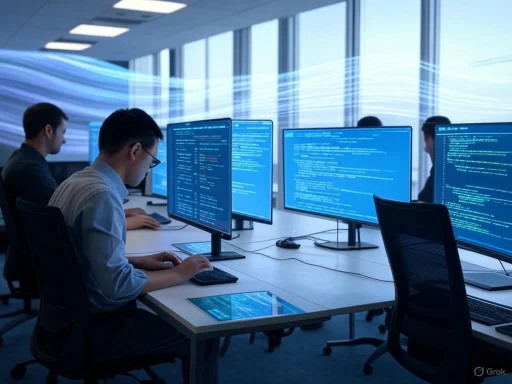People working on multiple computer screens in a high-tech office environment with blue light and digital streamlines.