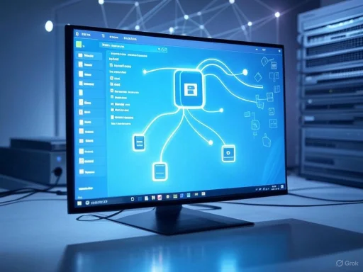 A computer monitor displays a digital network diagram with icons representing data and devices in a server room setting.