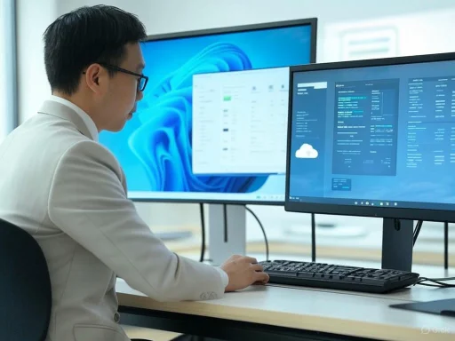 A person working on a desktop computer with multiple screens displaying data and cloud icons in a modern office setting.