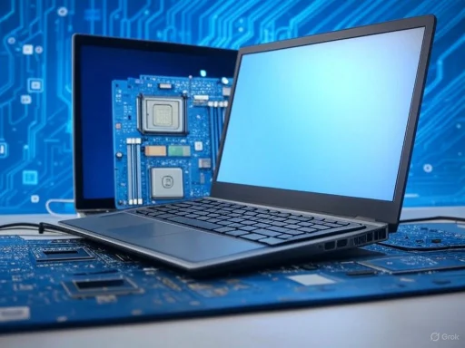 A laptop on a circuit board with a computer screen and motherboard in the background, highlighting technology and electronics.