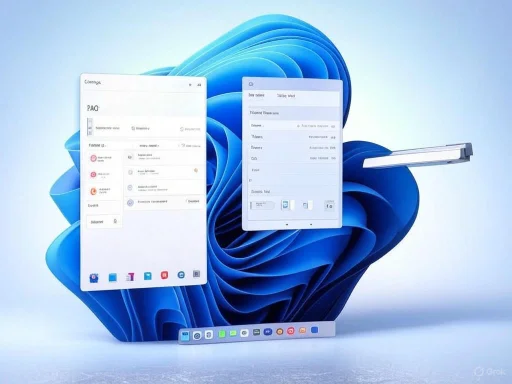 A digital desktop with floating app windows and a stylus, set against a blue abstract background.