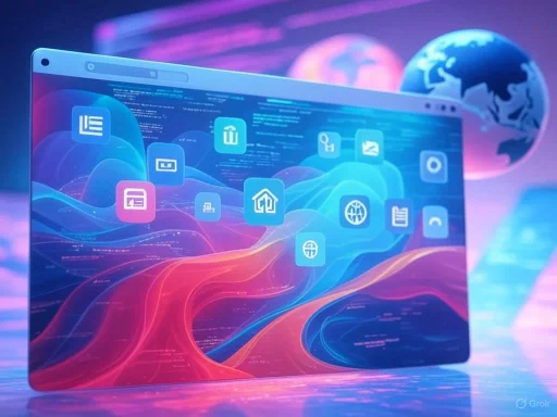 A digital interface displays various smart home and internet icons with vibrant, colorful wave patterns in the background.