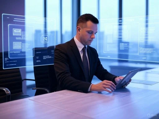 A businessman in a suit using a tablet in a modern office with holographic digital interfaces. A businessman in a suit using a tablet in a modern office with holographic digital interfaces.