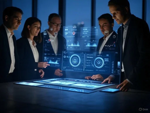 Business professionals analyze futuristic holographic data displays in a dark conference room.